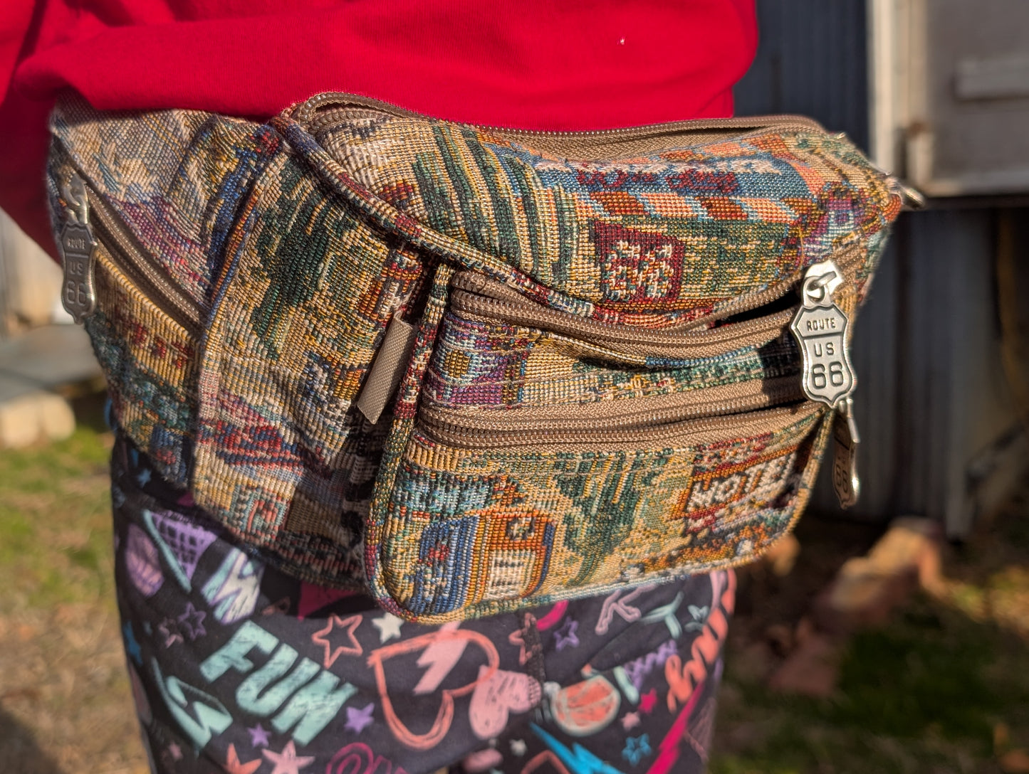 Route 66 carpet bag fanny bag lots of pouches