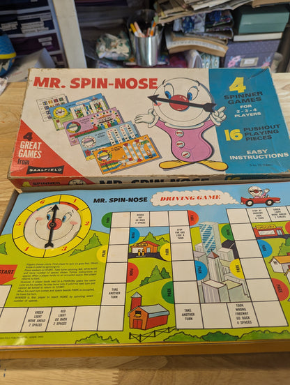 Mr. Spin-nose saalfield publishing game missing one yellow piece 1969 vintage board game. Four games in one