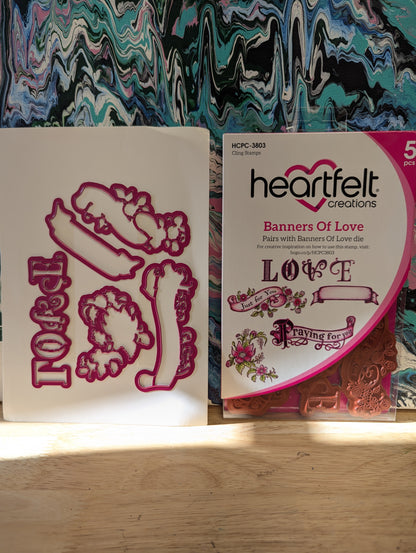 RARE DISCONTINUED Heartfelt Banners of Love cling stamp & die set for card making, scrapbooking, mixed media, paper crafts