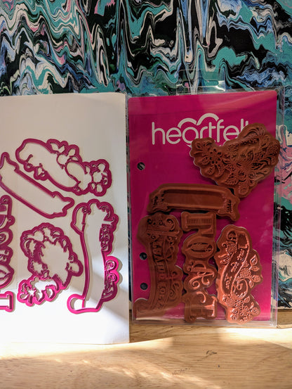 RARE DISCONTINUED Heartfelt Banners of Love cling stamp & die set for card making, scrapbooking, mixed media, paper crafts