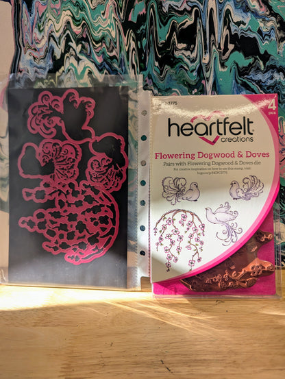 RARE DISCONTINUED Heartfelt Flowering dogwood & doves cling stamp & die set for card making, scrapbooking, mixed media, paper crafts