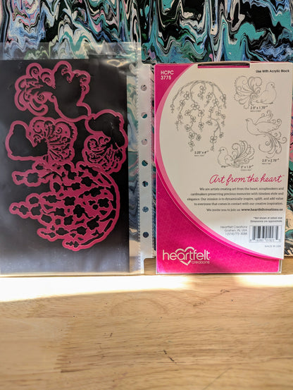 RARE DISCONTINUED Heartfelt Flowering dogwood & doves cling stamp & die set for card making, scrapbooking, mixed media, paper crafts