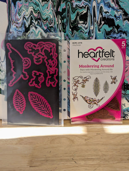 RARE DISCONTINUED Heartfelt Monkeying around cling stamp & die set for card making, scrapbooking, mixed media, paper crafts