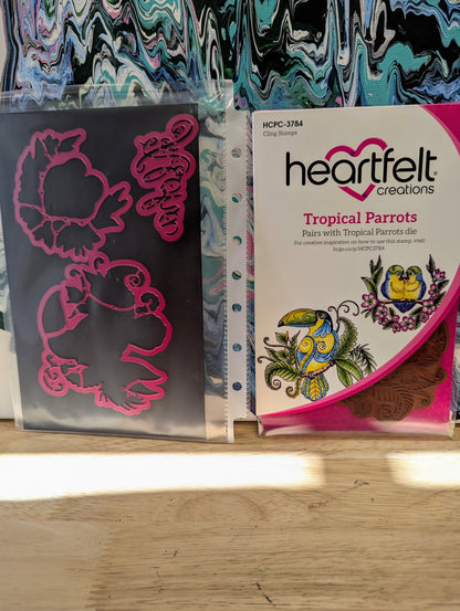RARE DISCONTINUED Heartfelt Tropical parrots cling stamp & die set for card making, scrapbooking, mixed media, paper crafts
