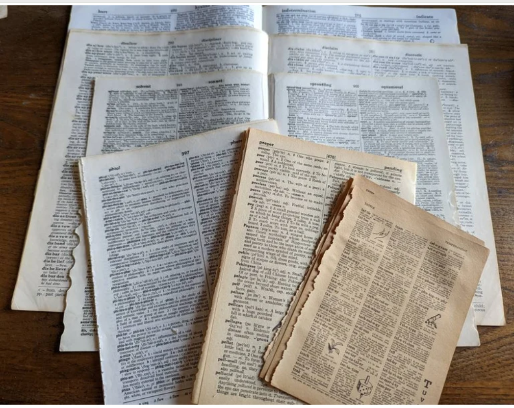 50+ dictionary pages for collage, junk journals, art journal, mixed media. Variety of pages from numerous books